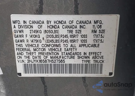 2007 Honda Ridgeline Rtl z USA, uszkodzony, nr VIN 2HJYK16587H527565